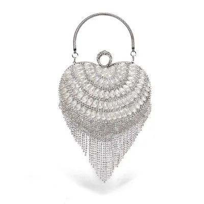 

SP1003 New heart shape evening dress bling purses rhinestone handbag fashion luxury party clutch tassel pearl shoulder bag, Gold, silver