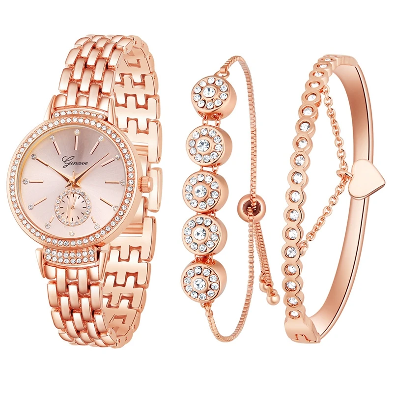 

GINAVE Brand Female Fashion 3PCS Watch Set Women Luxury Rose Gold Alloy Crystal Quartz Wristwatch Bracelet Ladies Jewelry Set