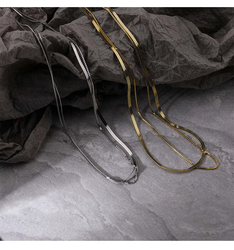 

VIANRLA 925 sterling silver double layer necklace flat snake chain with box chain