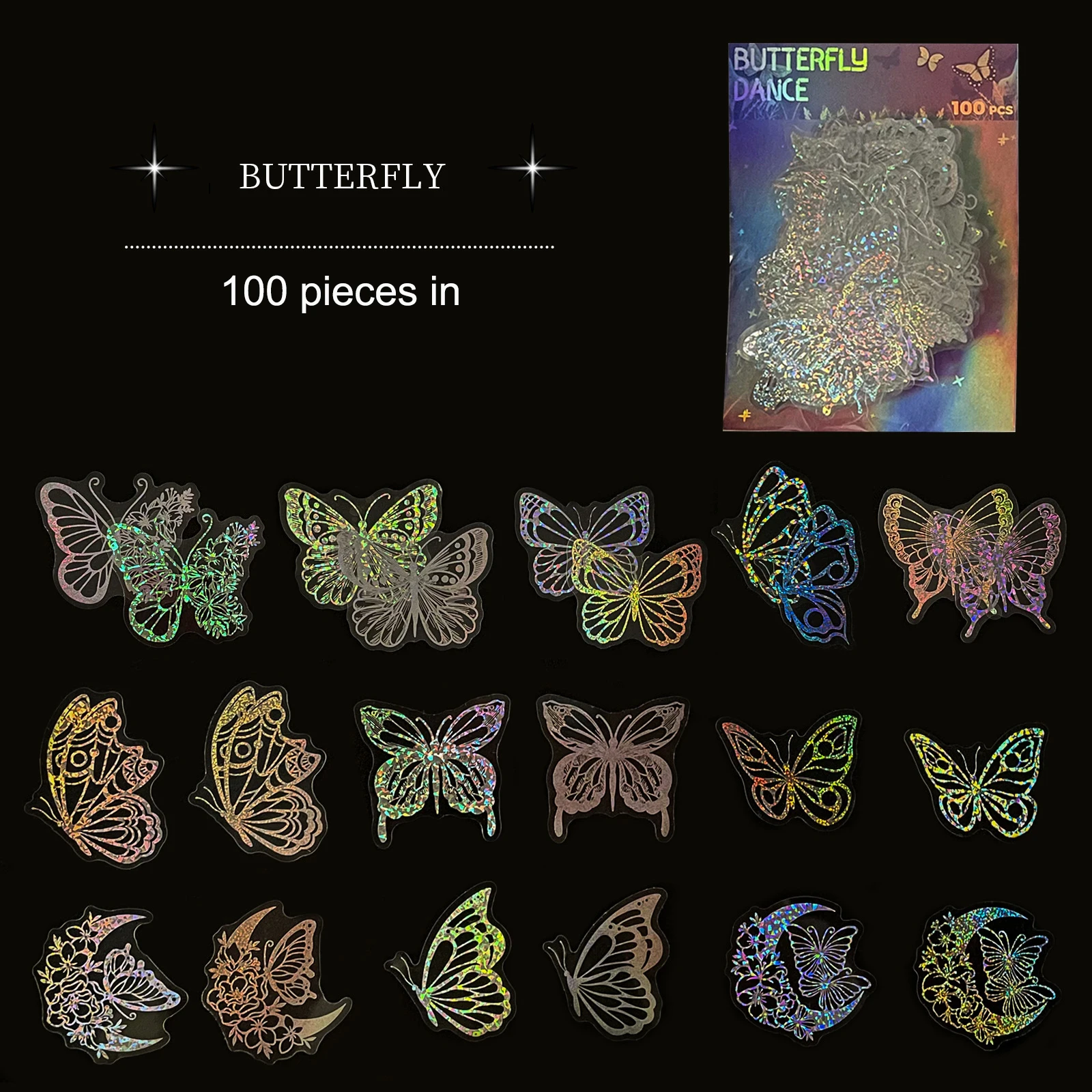 Promotional Price 100Pcs Transparent Butterfly Holographic Stickers Album DIY PET Creative Sticker Bag