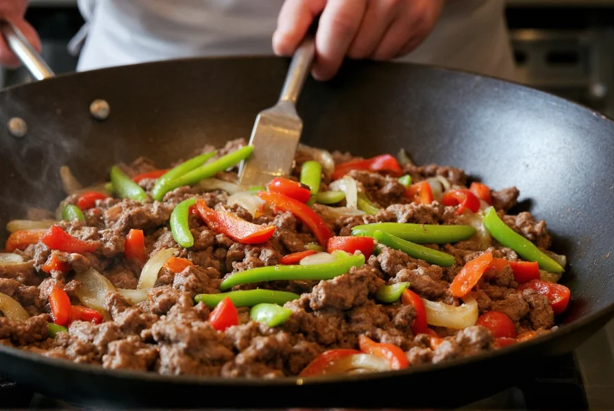 Professional chef stir-frying pepper steak and onions in a traditional carbon steel wok with high heat, vibrant red and green bell peppers, sliced onions, and tender beef strips