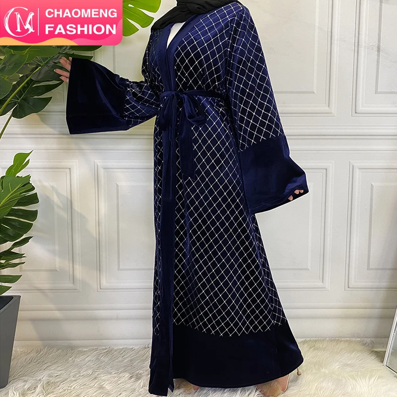 

1864# Latest design front open modest winter fall fashion shiny velvet abaya for women muslim clothes 2021, Navy