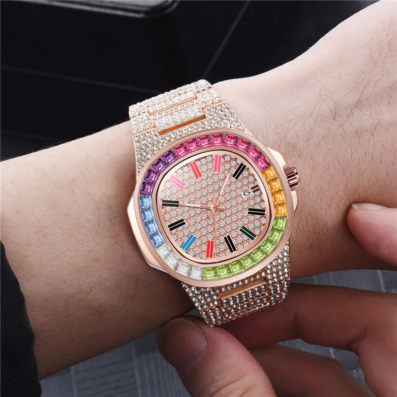 

Hip Hops Fancy Bling Rainbow Crystal Rhinestone Dial Wrist Watch Multi Color Colorful Dial Quartz Watch For Men