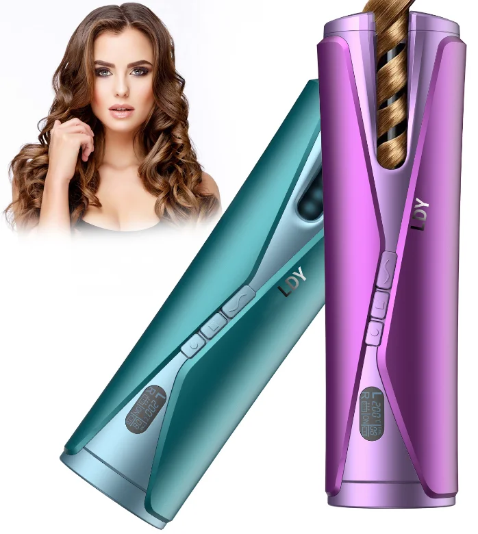 

Portable Cordless Automatic Hair Curling Iron Hair Curler USB Rechargeable for LCD Display Curly Machine Rotating Curling, Purple/green