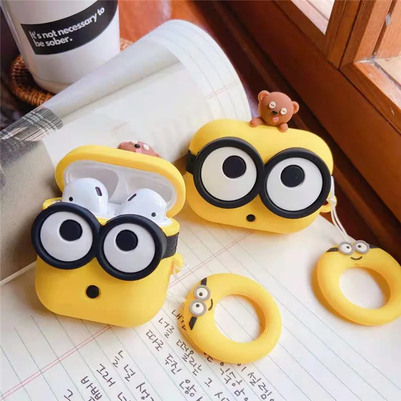 

Super Cute Big Eyes Cartoon Minion Wireless Bluetooth Earphone Case For Airpods 1 2 Air Pods Pro 3 Soft Silicone Skin Cover, Red