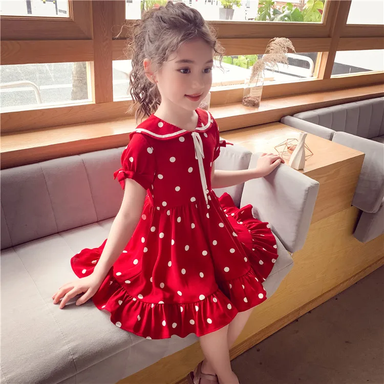 

Fashion Summer Short Sleeve One-Piece Baby Girls Dresses Party Dress Girls Red Chiffon Dress With White Polka Dot