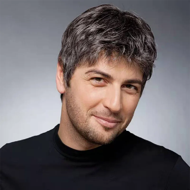 

Hair Fleeciness Realistic Ombre Grey Wigs Short Men toupee Straight Synthetic Wig for Male