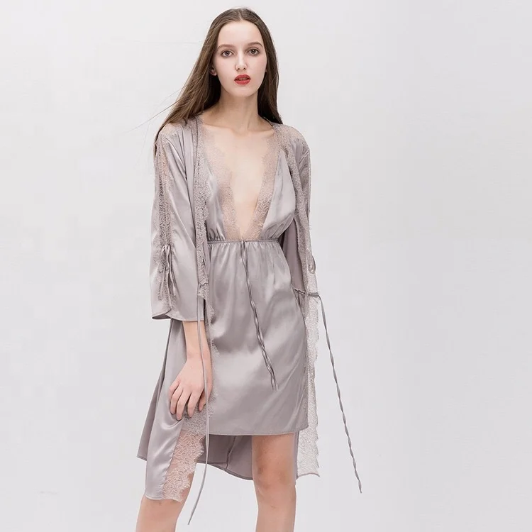 Sexy pajamas women's French sweet lace lace robe satin simulation silk nightdress two-piece
