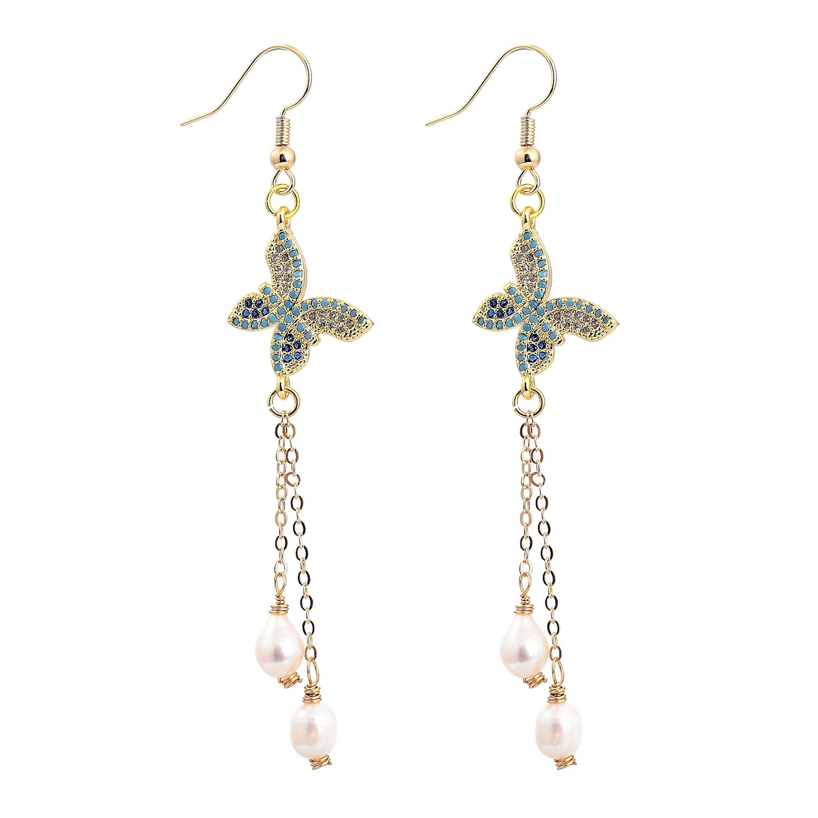 

PandaHall Butterfly Colorful Golden Natural Pearl Beads Dangle Earrings