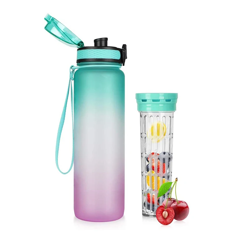

32 OZ 1 Liter Motivational Reusable Water Bottles With Times To Drink BPA Free Frosted Plastic bottle with infuser, Customized color acceptable