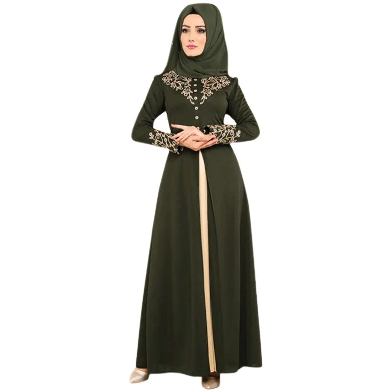 

Muslim women's gilding stitching long dress contrast color close-fitting elegant dress, 3colors