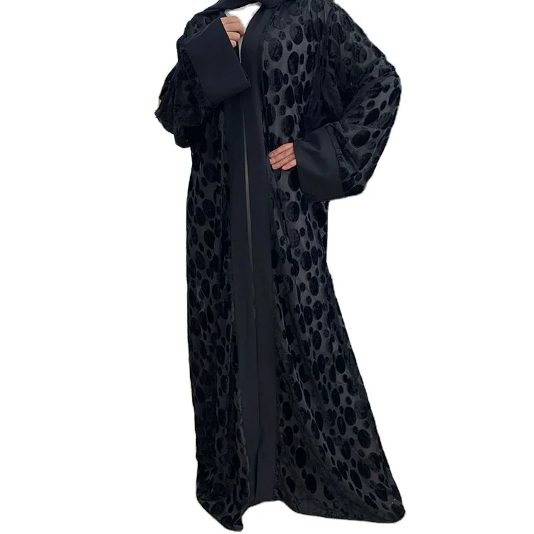 

Islamic Clothing Arabic Polka Dot Muslim Long Women Front Open Black Velvet Dress Kimono Dubai Abaya, 1 color in stock accepted customzied design