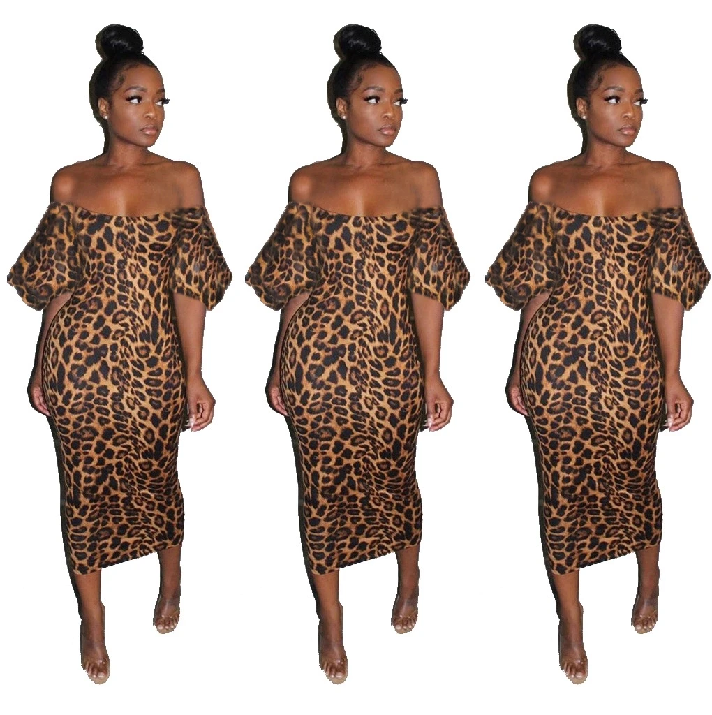 

Women Clothing Off Shoulder Leopard Print Midi Dress Puff Sleeve Bodycon Floral Fashion Party Nighty Sexy Dress Hot Sale