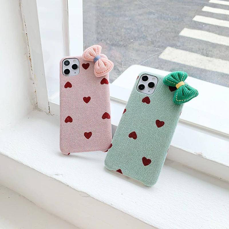 

Lovely 3D Bowknot Heart Flannelette Phone Case for iPhone 11 Pro Max XS XR