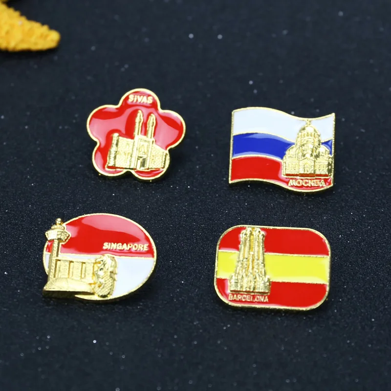 

New product flag building brooch in stock Russia and Spain flag cartoon brooch