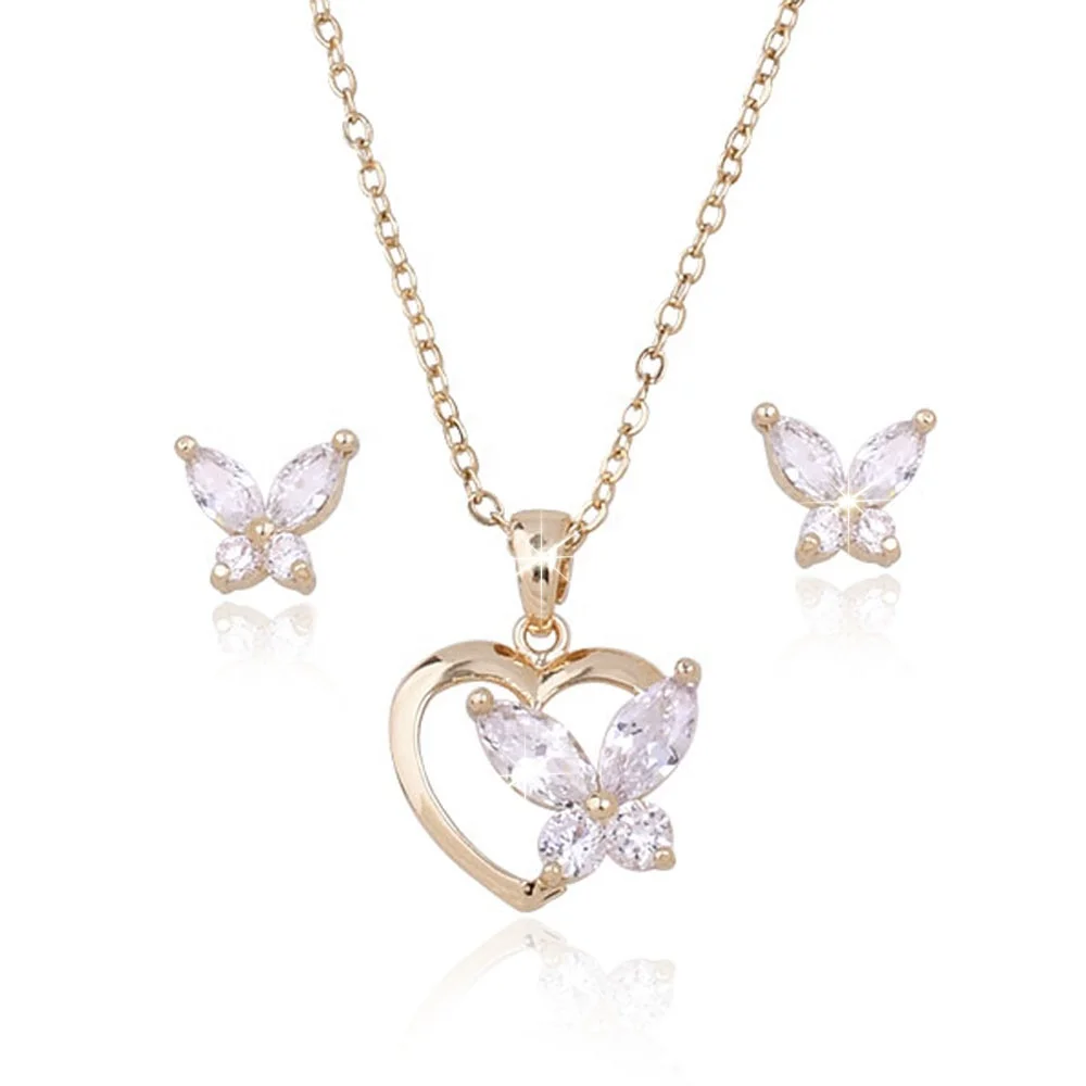 

Trendy Gold Plated Zircon Heart Butterfly Pendant Necklace Earrings Jewelry Set Women for Party, Gold plated as pictures show