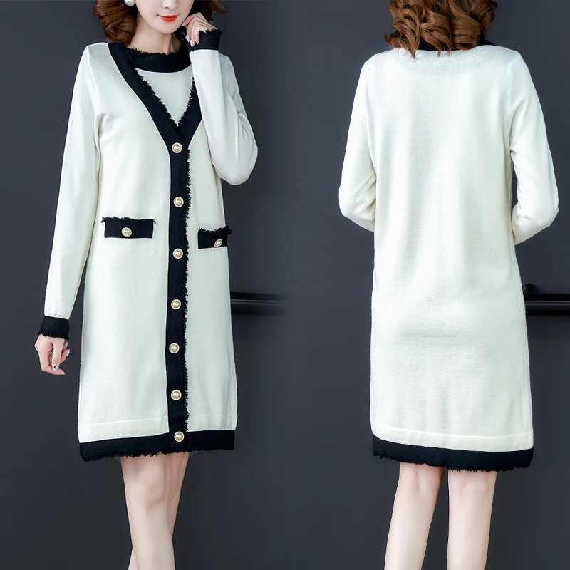 

Fashionable new arrival v neck elegant vest dress long cardigan twin set