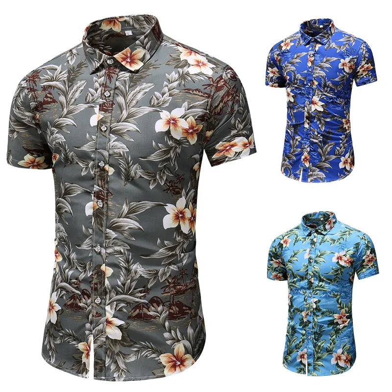 

Men Basic Tops Casual Shirts Plus Size Men's Slim fit Flower Printed Shirts Male Short Sleeve Floral Shirt