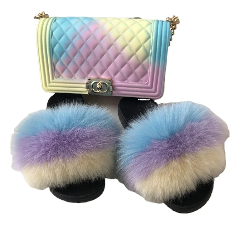 

2020 popular women fox fur slipper Sandals Shoes match with fur purse jelly bag