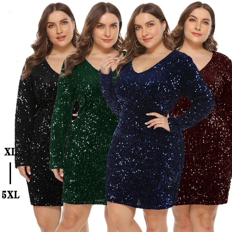 

Oversize Nightclub sexy dress sequins V-neck long-sleeved tight-fitting buttocks plus size ladies dress
