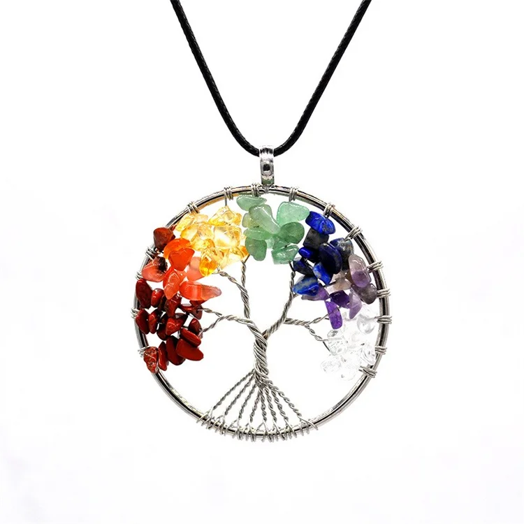 

7 Chakra Quartz Natural Stone Healing Crystal Tree of Life Pendant Necklace for Women Jewelry, Color mixing