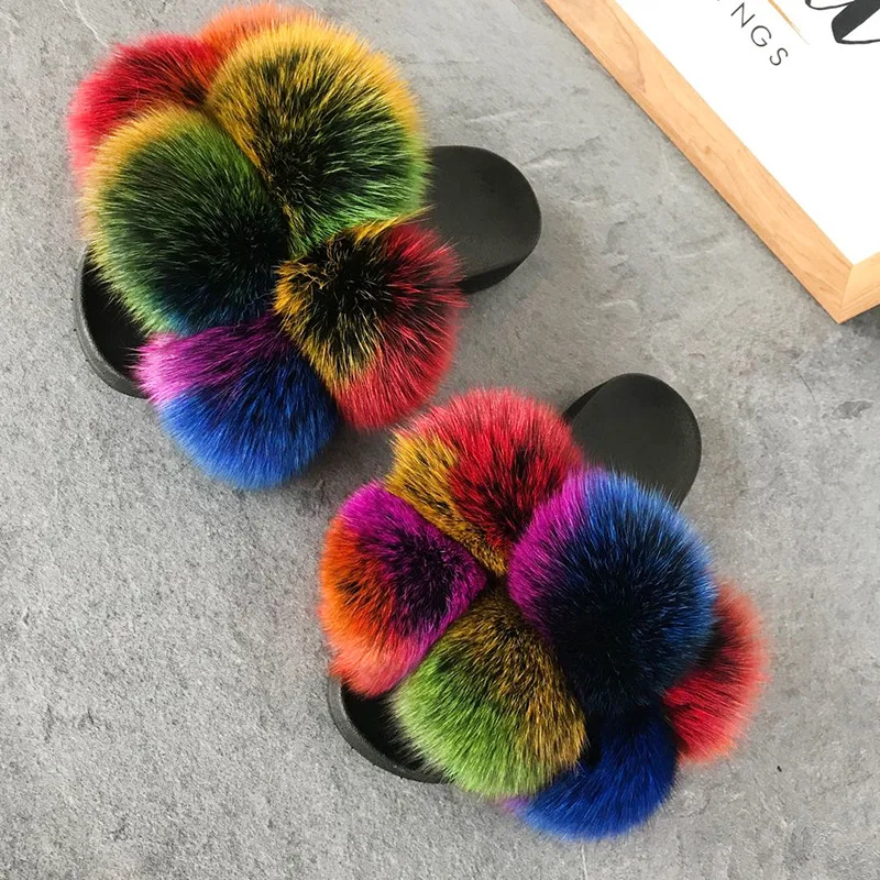 

2021 factory direct blue pink mixed color pvc flat sole fox fur slides slippers for girls, Customized color