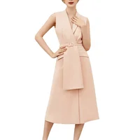 

China Supplier Elegant Ladies Pink Sleeveless V-neck Belted Mature Ladies Office Maxi Dress