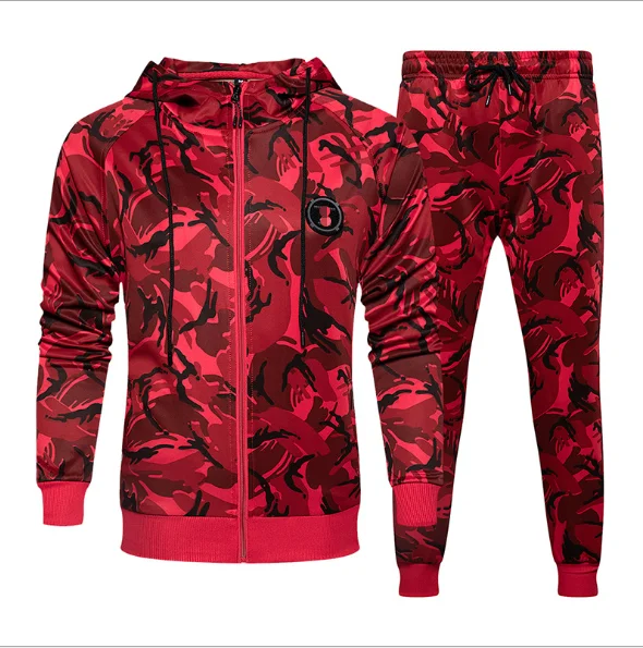 

High Quality Fall Men Tracksuit Sweatsuit Red Zipper Long Sleeve Camouflage Hoodie 2 Piece Pants Set