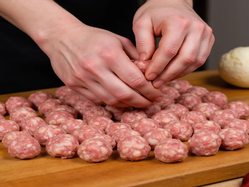 Hands shaping meat mixture into uniform balls on wooden board
