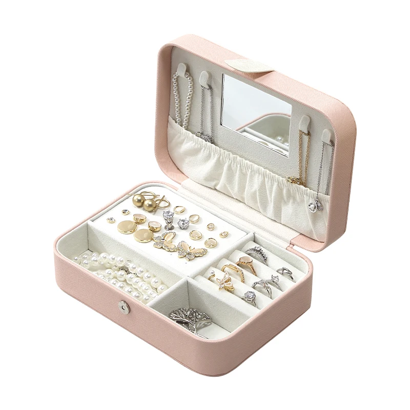 

New Wholesale Portable Luxury PU Leather Mirror Travel Jewelry Box Small Velvet Jewellry Storage Organizer Women Wedding Gift