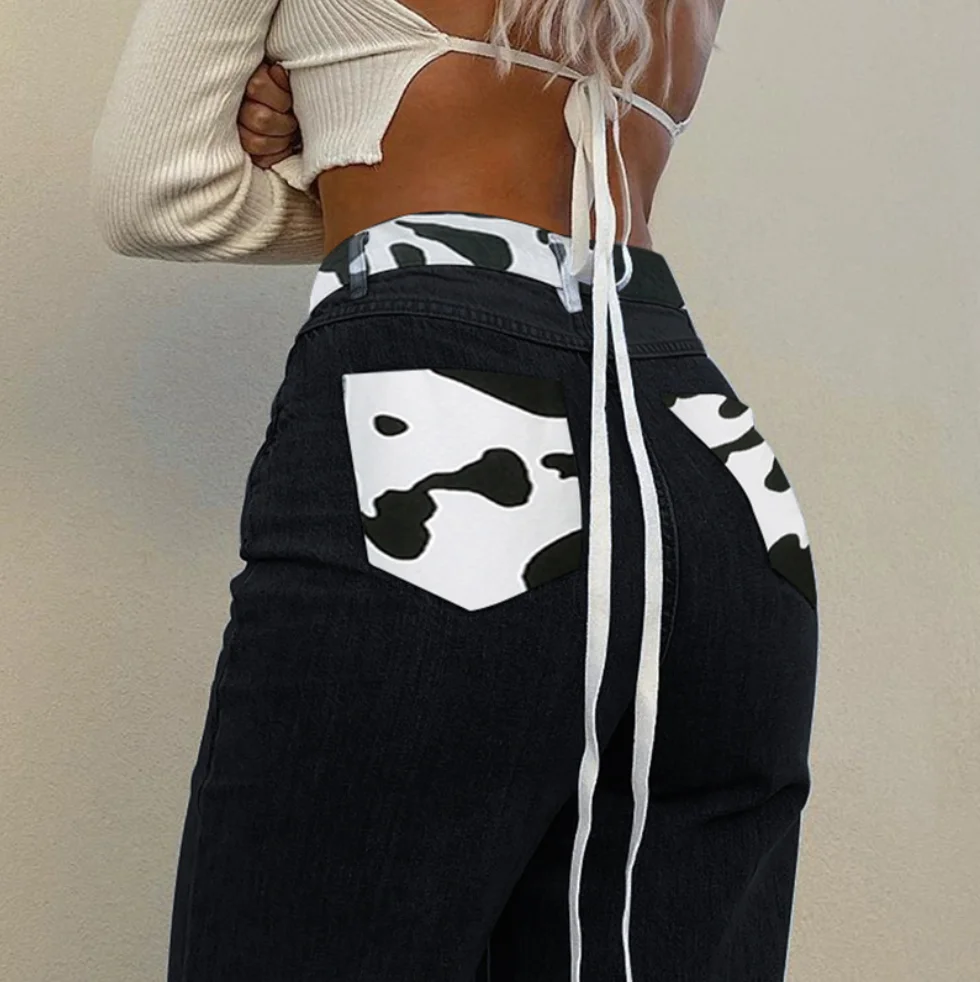 

Patchwork Milk Cow Black Women's Wide Denim Pants Fashion Boyfriend Mom Jeans For Girls High Waist 2020 XL Blue Bottoms #0885