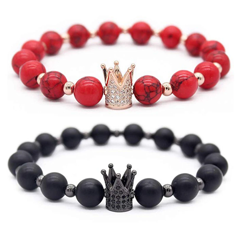 8mm Black Labradorite & White Howlite CZ Her King/His Queen 8mm Beads Couple Bracelet, 7.6"+7.2"