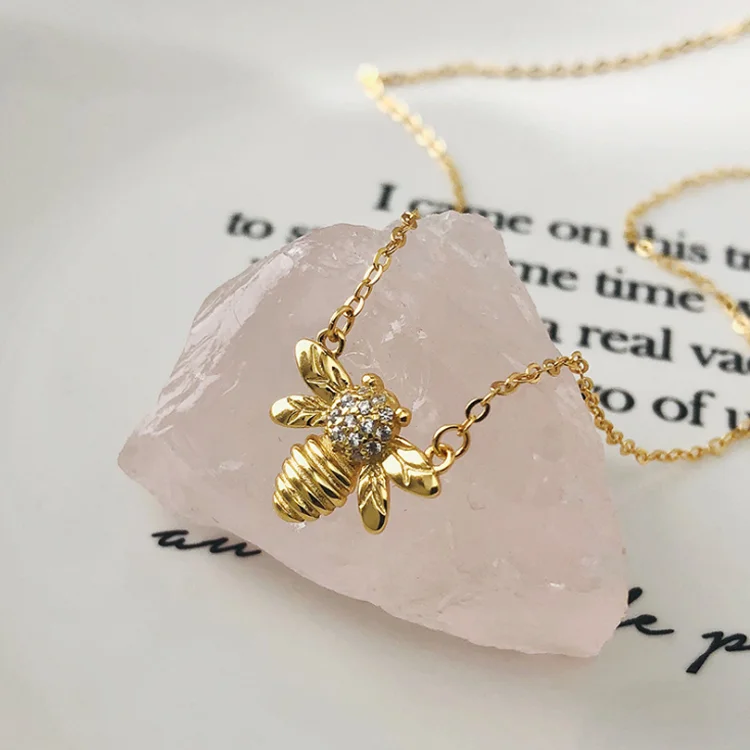 

Fashion women zircon gold bee pendant 925 sterling silver jewelry chain necklace