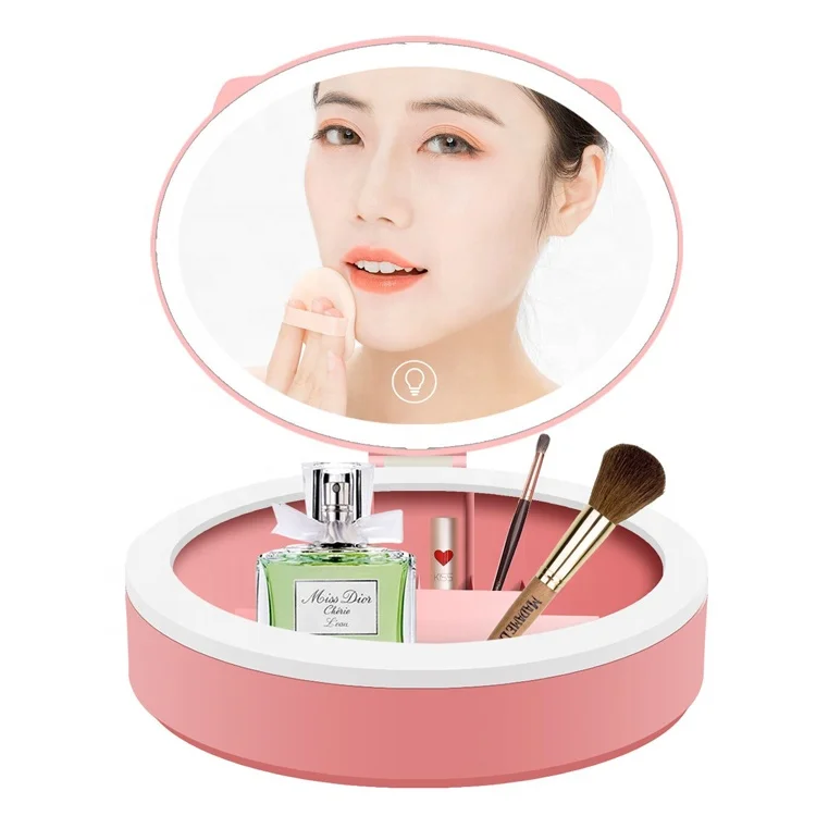 

Cute led light mirrors rechargeable 10x magnification mirror with makeup tools case, White/pink/red/customized