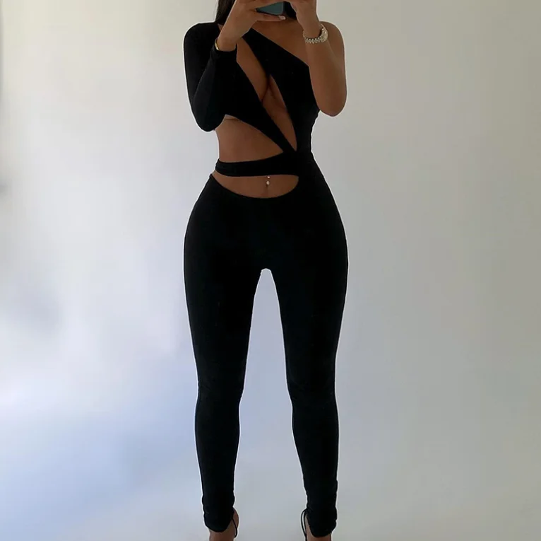 

K22JP165 2022 Spring Summer New Black Ladies Jumpsuits Women Irregular One-sleeve Sexy Jumpsuit, As pictures