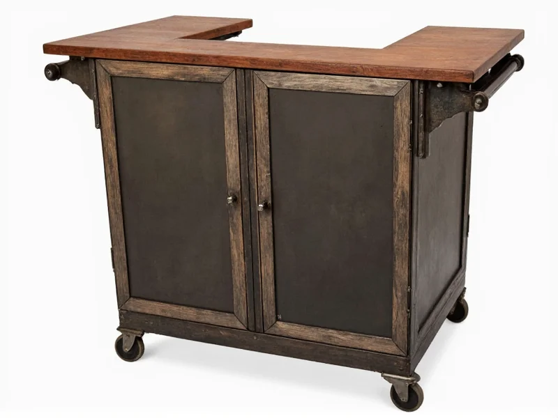 Repurposed industrial cart turned into mobile bar with wood top