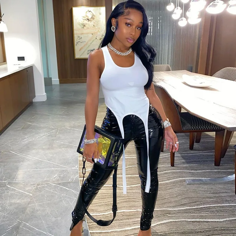 

Wholesale 2021 summer new solid bandage U neck casual women's breathable tank tops t shirts, Photo shows