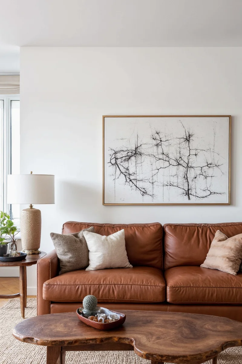 Modern living room with tan leather sofa