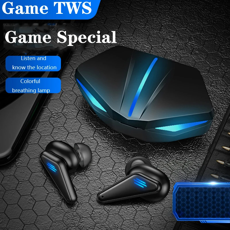 

Factory Hot Selling BT 5.0 Sport Game Gaming Gamer Tws Earphone Earbuds Wireless Headset headphones for Mobile phone, Back+ blue light