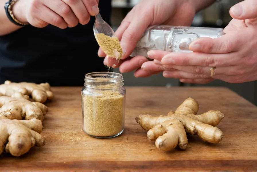 Chef measuring dry ginger powder into a spice jar next to fresh ginger root