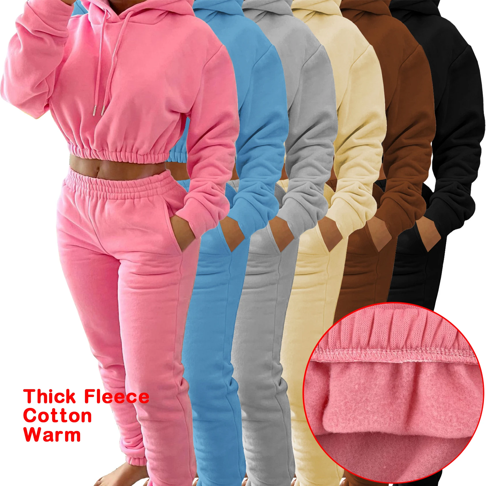 

2021 Custom Hoodies Womens Winter Clothing Crop Top Jogger Thick Fleece Cotton Two Piece Pants Set Sweatpants And Hoodie Set