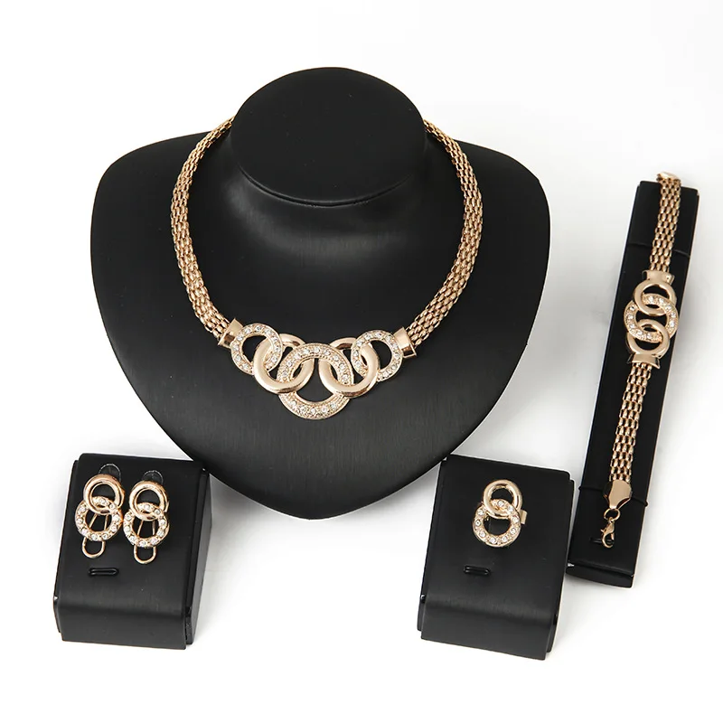 

Fashion Vintage Golden Ring Ladies Wedding Earrings Female Brand Bracelets Gift Luxury Circle Pendant American Jewelry Set Women, Gold, silver