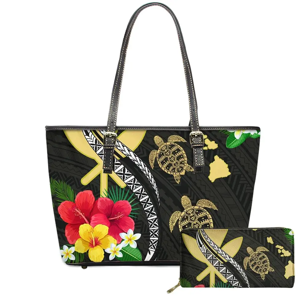 

Polynesian Tribal Turtle Designer Purses and Ladies Handbags for Women Custom Leather Hawaii Flower Print Shoulder Bag Set