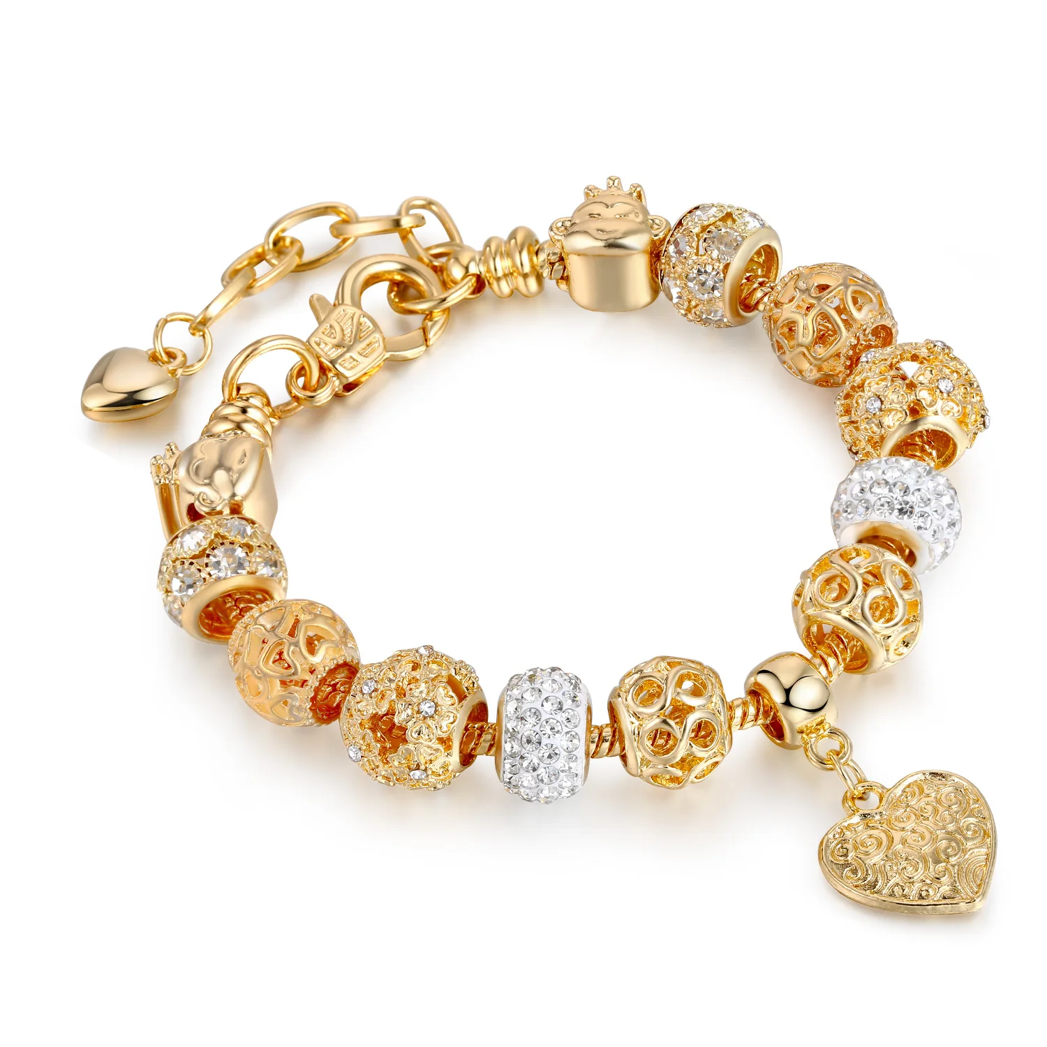 

European American Style Gold Plated Rhinestone Crystal Beads Bracelet Heart Pendant Hollow Out Charm Bracelet, Gold color