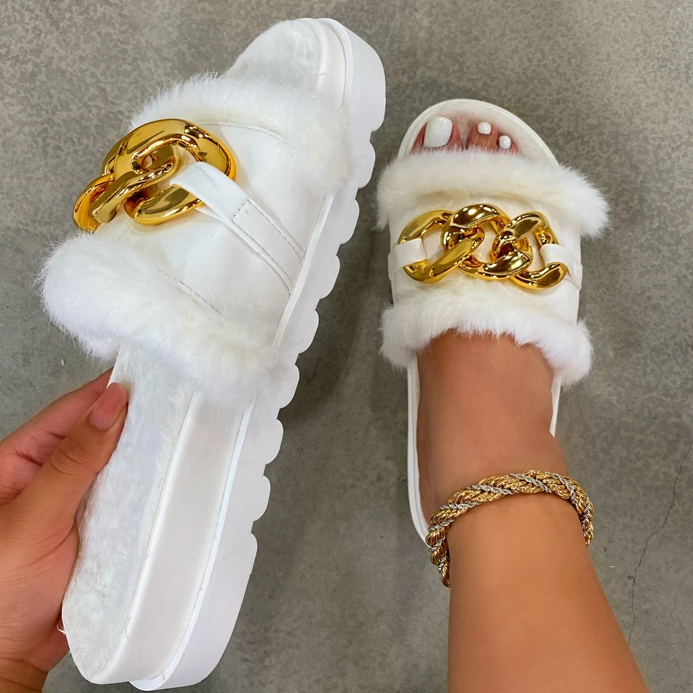 

Winter Brown White Black Large Size Platform Fuzzy Fluffy Furry Fur Chain Women Fashion Slippers, 3 colors