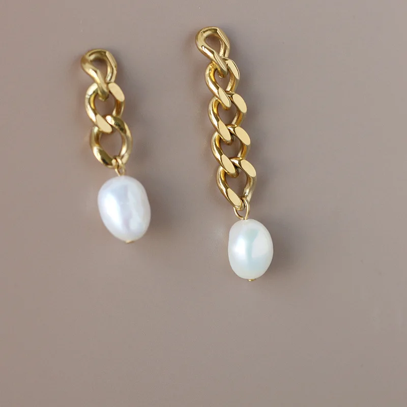 

Freshwater Pearl Irregular Chain Length Asymmetrical Stud Earrings Titanium Steel Plated chunky earings 18k gold plated