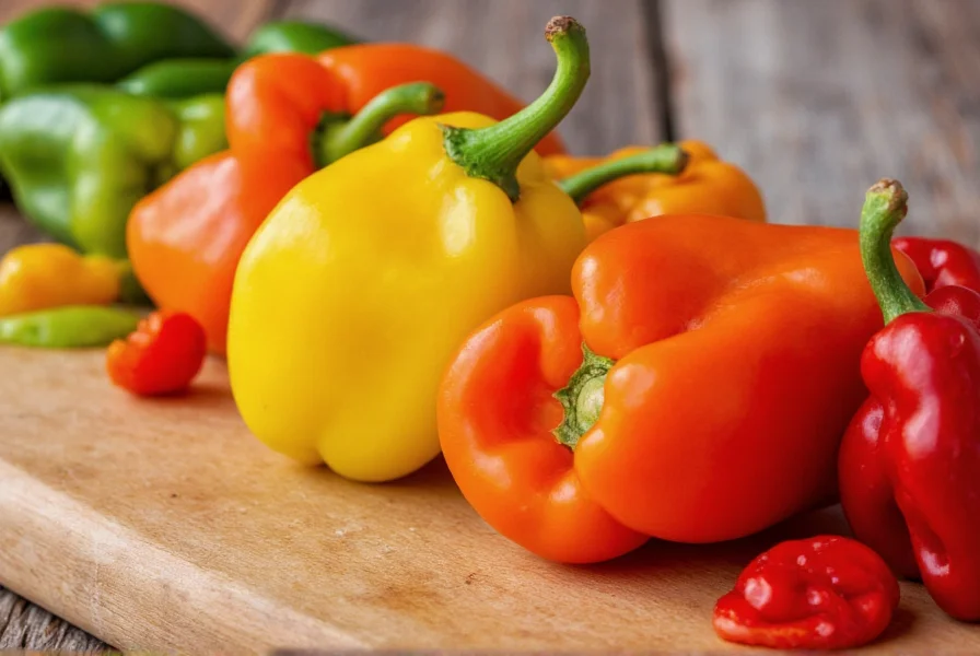 Close-up view of different chili peppers arranged by heat level from mild bell peppers to extremely hot ghost peppers on a wooden cutting board
