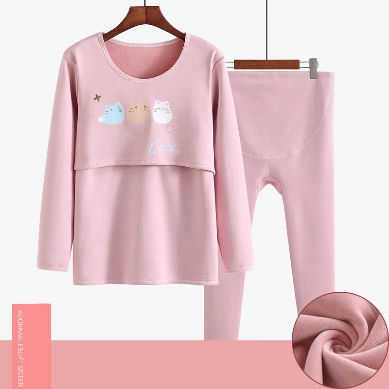 

Long Sleeve Maternity Nursing Pajamas Set for Pregnant Women Winter Fleece lining Sleepwear Breastfeeding PJS