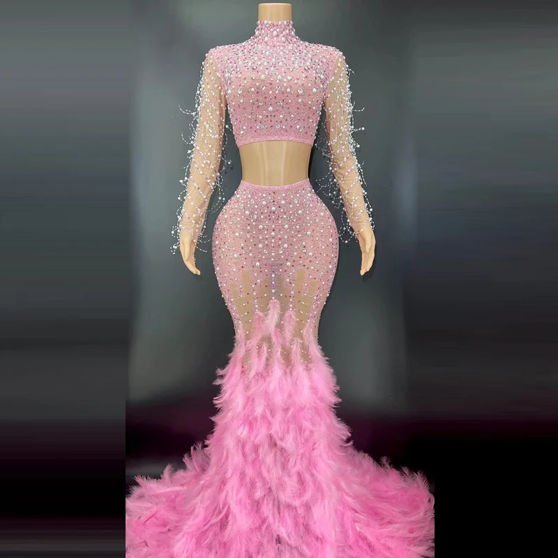 

Novance Y2369-B Summer Outfits Two Piece Set Luxury Illusion Weeding Evening Dress Shiny Rhinestone Pearl Pink Feather Dress