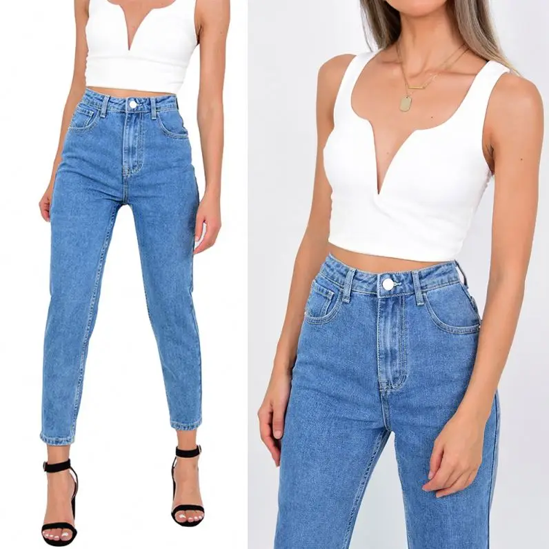 

2019 light blue vintage washed INS hot sale high waist womens mom jeans